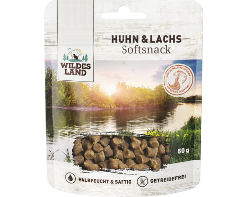 Wildes Land Softsnack Huhn und Lachs, 50 Gramm Katzenleckerli, getreidefrei und halbfeucht