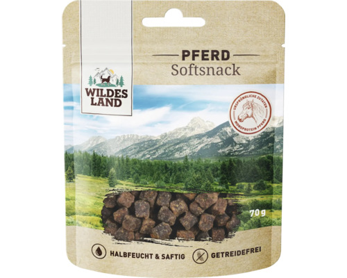 Wildes Land Pferd Softsnack, ein getreidefreier Hundesnack aus Monoprotein mit 70 Gramm Inhalt.