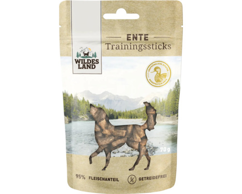 Wildes Land Enten Trainingssticks für Hunde, getreidefreier Hundesnack mit 95 Prozent Fleischanteil, 70 Gramm Packung.