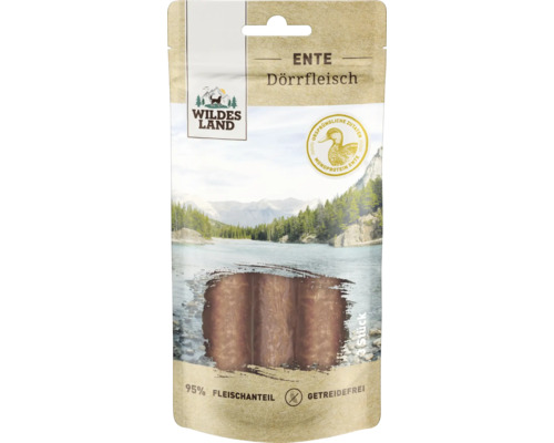 Wildes Land Dörrfleisch Ente für Hunde in der 3 Stück Packung, getreidefrei mit 95 Prozent Fleischanteil.