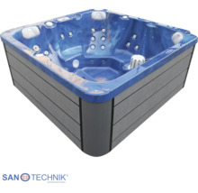 Quadratischer Whirlpool von Sanotechnik mit Massagedüsen und Kopfstützen für den Außenbereich.