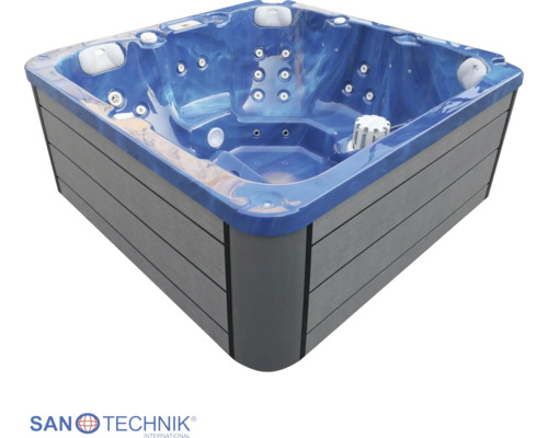 Quadratischer Whirlpool von Sanotechnik mit Massagedüsen und Kopfstützen für den Außenbereich.