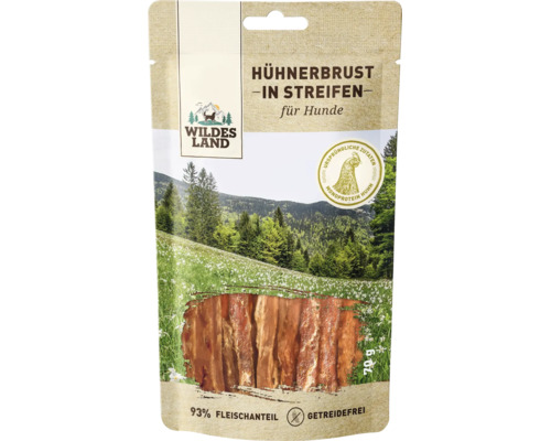 Wildes Land Hundesnack Huehnerbrust in Streifen 70 Gramm Beutel getreidefrei