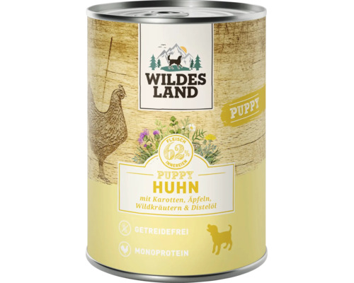 Wildes Land Welpen Nassfutter Huhn in der Dose mit Karotten Äpfeln Wildkräutern und Distelöl getreidefrei und Monoprotein