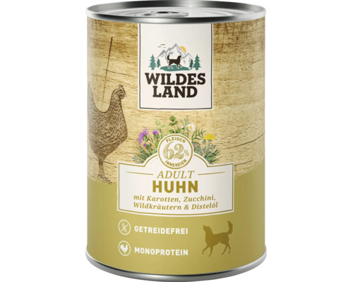 Wildes Land Nassfutter fuer Hunde Huhn mit Karotten Zucchini Wildkraeutern und Disteloel getreidefrei Monoprotein 800 Gramm Dose