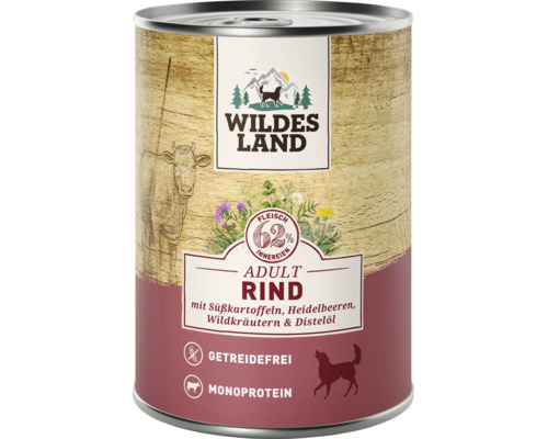 Wildes Land Hundefutter Dose Rind mit Süßkartoffeln Heidelbeeren Wildkräutern und Distelöl getreidefrei Monoprotein 62 Prozent Fleisch Innereien