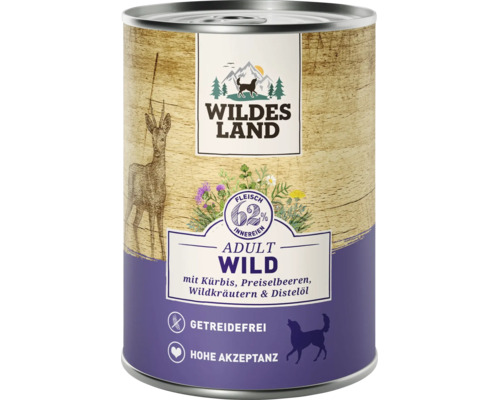Wildes Land Adult Nassfutter für Hunde mit Wild Kürbis Preiselbeeren Wildkräutern und Distelöl getreidefrei in der Dose