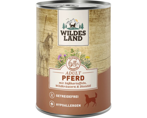 Wildes Land Hundefutter Dose Pferd mit Süßkartoffeln und Wildkräutern, getreidefrei und hypoallergen, 65 Prozent Fleischanteil.