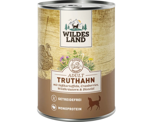 Wildes Land Nassfutter für Hunde Adult Truthahn mit Süßkartoffeln und Wildkräutern, getreidefreies Monoprotein Hundefutter in der Dose