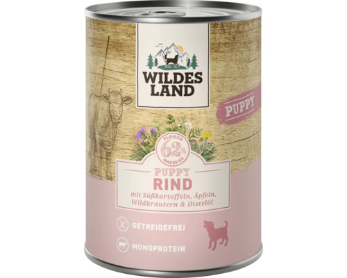 Wildes Land Welpenfutter Dose mit Rind Süßkartoffeln Äpfeln Wildkräutern und Distelöl getreidefrei Monoprotein