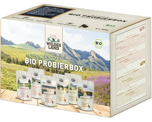 Wildes Land Katzen Bio Probierbox mit sechs Portionsbeuteln Nassfutter in Bio Qualität für Katzen
