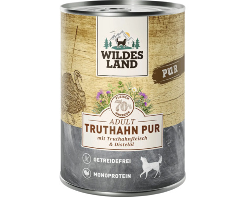 Dose Wildes Land Adult Hundenahrung Truthahn Pur mit 70 Prozent Fleisch und Innereien, getreidefrei und Monoprotein, 400 Gramm.