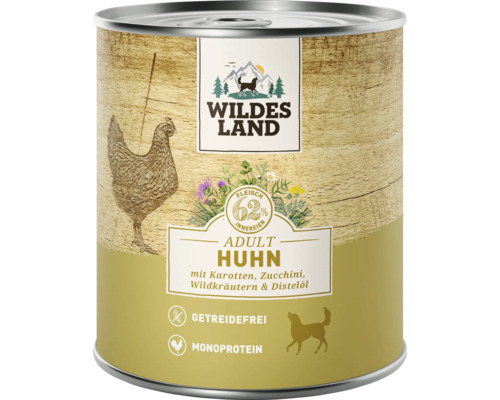 Wildes Land Nassfutter fuer Hunde Huhn mit Karotten Zucchini und Wildkraeutern in der Dose