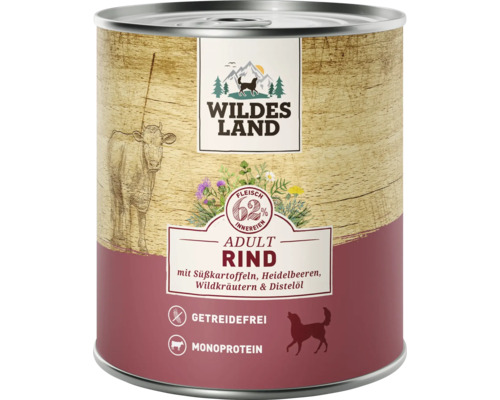 Dose Wildes Land Adult Rind Hundenassfutter mit 62 Prozent Fleisch und Innereien getreidefrei Monoprotein mit Süsskartoffeln und Wildkräutern