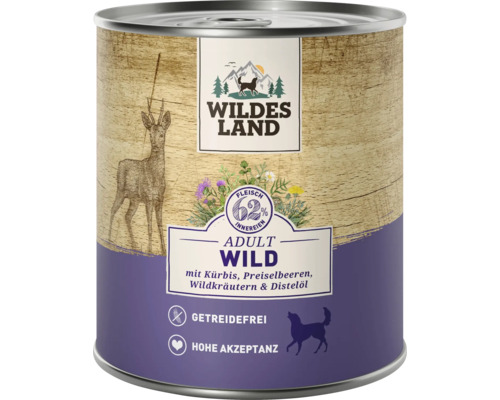 Wildes Land Nassfutter fuer Hunde Adult Wild mit Kuerbis Preiselbeeren Wildkraeutern und Disteloel in der Dose