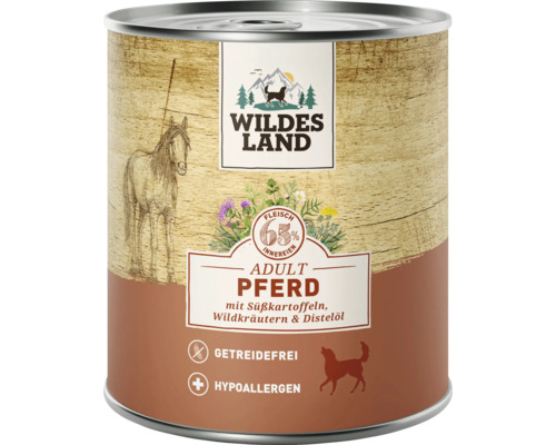 Wildes Land Nassfutter fuer Hunde Pferd mit Suesskartoffeln Wildkraeutern und Disteloel getreidefrei und hypoallergen in der Dose