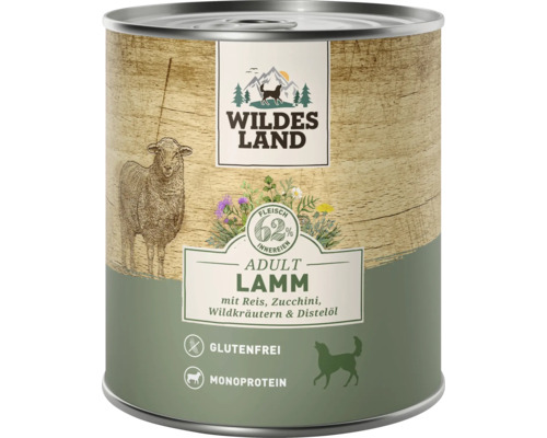Wildes Land Nassfutter fuer Hunde mit Lamm, Reis, Zucchini, Wildkraeutern und Disteloel in der Dose