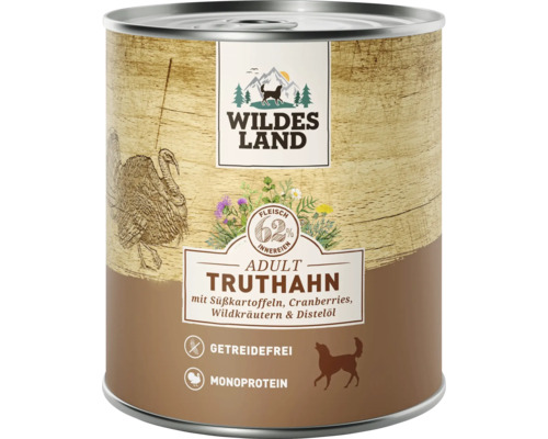 Wildes Land Adult Truthahn Hundenassfutter 800 Gramm Dose mit Getreidefrei und Monoprotein Symbol.