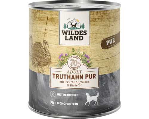 Wildes Land Nassfutter für Hunde Adult Truthahn Pur in der Dose mit 70 Prozent Fleischanteil und Distelöl getreidefrei und Monoprotein.