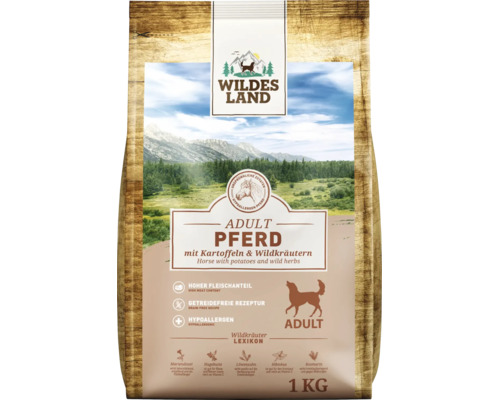 Wildes Land Hundetrockenfutter Adult Pferd mit Kartoffeln und Wildkräutern, getreidefrei und hypoallergen, Packung mit 1 Kilogramm.