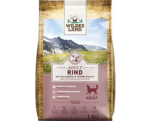 Wildes Land Hundefutter Adult Rind mit Kartoffeln und Wildkräutern, getreidefreies Trockenfutter für ausgewachsene Hunde, 1 Kilogramm.