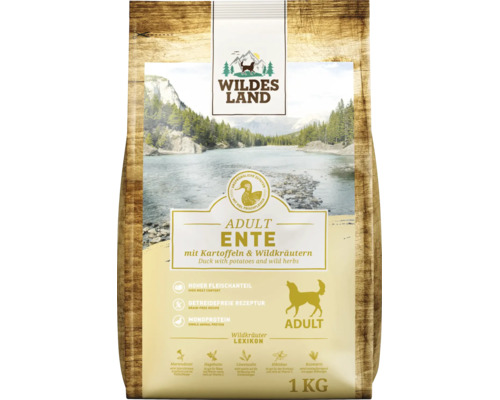 Wildes Land Hundefutter Adult Ente mit Kartoffeln und Wildkräutern, getreidefreies Trockenfutter mit hohem Fleischanteil, 1 Kilogramm Beutel.
