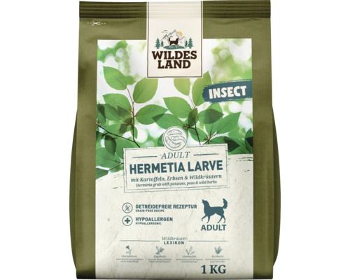 Wildes Land Adult Hundefutter mit Hermetia Larve Kartoffeln Erbsen und Wildkräutern getreidefrei 1 Kilogramm