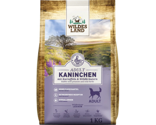 Wildes Land Adult Hundefutter Kaninchen mit Kartoffeln und Wildkräutern, getreidefrei, 1 Kilogramm.