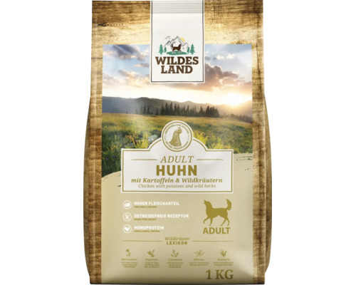 Wildes Land Adult Trockenfutter Huhn mit Kartoffeln und Wildkräutern, getreidefrei, 1 Kilogramm Hundefutter Packung.