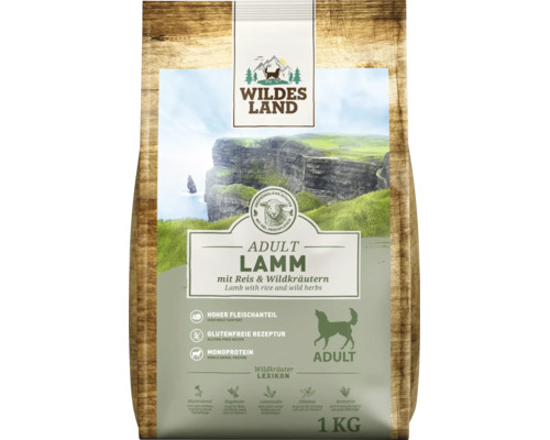 Wildes Land Adult Hundefutter Lamm mit Reis und Wildkräutern, 1 Kilogramm Trockenfutter für ausgewachsene Hunde, glutenfrei mit Monoprotein.
