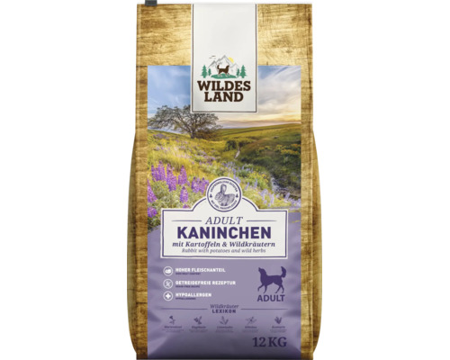 Wildes Land Adult Hundefutter Kaninchen mit Kartoffeln und Wildkräutern, getreidefrei und hypoallergen, 12 Kilogramm Packung.