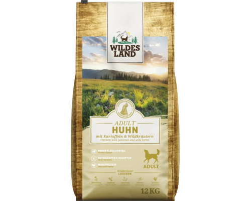 Wildes Land Hundefutter Adult Huhn mit Kartoffeln und Wildkräutern, getreidefreies Trockenfutter mit hohem Fleischanteil, 12 Kilogramm Sack.