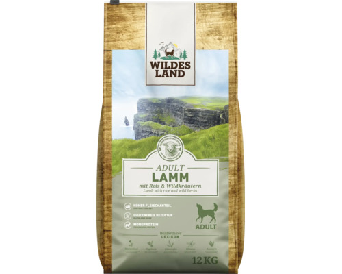 Wildes Land Adult Hundefutter Lamm mit Reis und Wildkräutern, 12 Kilogramm Sack.