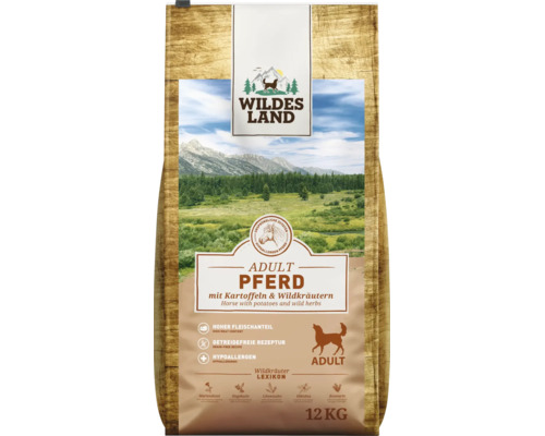 Wildes Land Hundefutter Adult Pferd mit Kartoffeln und Wildkräutern, 12 Kilogramm Packung getreidefreies Trockenfutter, hypoallergen.