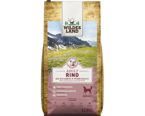 Wildes Land Adult Rind Trockenfutter für Hunde mit Kartoffeln und Wildkräutern, 12 Kilogramm Packung.
