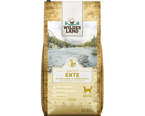 Wildes Land Hundefutter Adult Ente mit Kartoffeln und Wildkräutern, getreidefrei, 12 Kilogramm Packung.