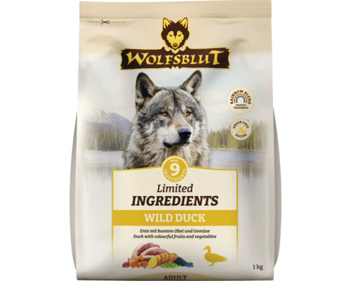 Wolfsblut Trockenfutter fuer Hunde Wild Duck mit Ente Obst und Gemuese in 1 Kilogramm Packung