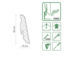 Technische Zeichnung einer Sockelleiste mit 58 Millimeter Höhe und 19 Millimeter Breite, inklusive Montagehinweisen für Clips, Kleber und Schrauben.
