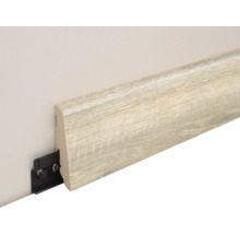 Fußleiste in Holzoptik mit schwarzem Montageclip für die Wandmontage