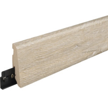 Fußleiste mit Holzoptik Oberfläche und schwarzem Befestigungsclip für die Wandmontage