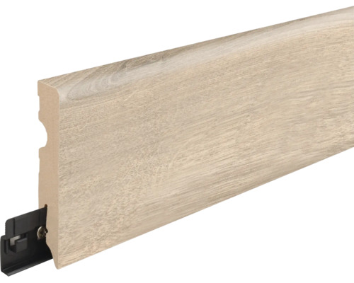 Sockelleiste mit Holzoptik und integriertem Befestigungsclip aus Kunststoff