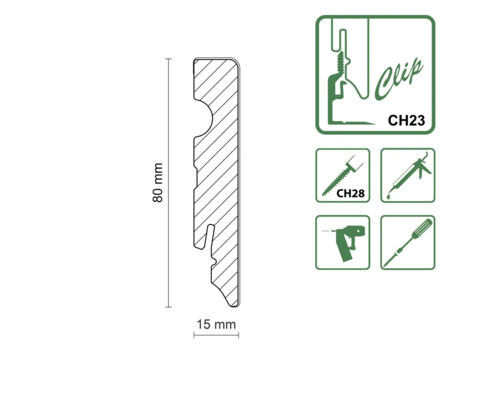 Querschnitt einer 80 mal 15 Millimeter Sockelleiste mit Montagehinweisen für Clip, Schrauben, Kleber, Nagler und Schraubendreher.
