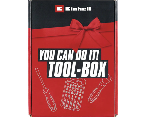 Einhell Werkzeugbox Geschenkset Verpackung mit abgebildetem Schraubendreher und Bit Set