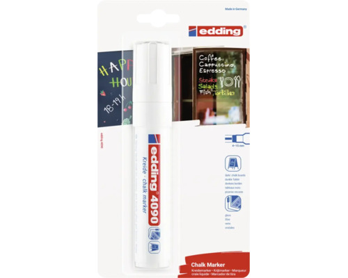 Edding Kreidemarker 4090 zum Beschriften von Tafeln und Glasflächen mit einer Strichbreite von 4 bis 15 Millimeter in der Verkaufsverpackung.