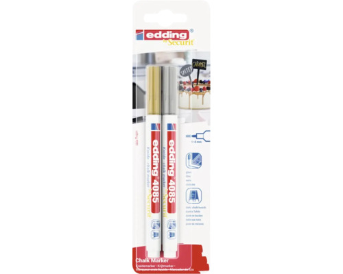 Zwei Edding 4085 Kreidemarker in Gold und Silber für Glas und Tafeln, Strichbreite 1 bis 2 Millimeter, in Blisterverpackung.