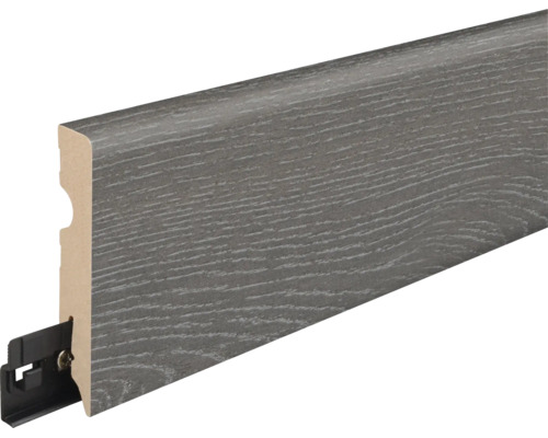Sockelleiste mit Holzoptik Oberfläche und integriertem Befestigungsclip