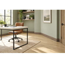 Modernes Heimbüro mit hellem Laminatboden, hellgrünen Wänden, Schreibtisch und Lederschreibtischstuhl in einem hellen, organisierten Arbeitszimmer.