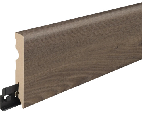 Sockelleiste mit Holzoptik Oberfläche und integriertem Befestigungsclip aus Kunststoff