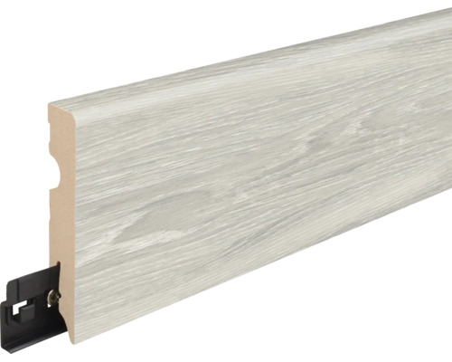 Sockelleiste mit Holzoptik Oberfläche und integriertem Befestigungsclip