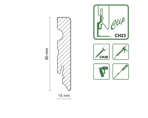 Querschnitt einer 80 mal 15 Millimeter Sockelleiste mit Montagehinweisen für Clips, Schrauben, Kleber und Druckluftnagler